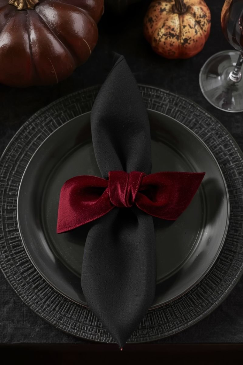 Dark velvet ribbon napkin rings burgundy black forest green linen Halloween table