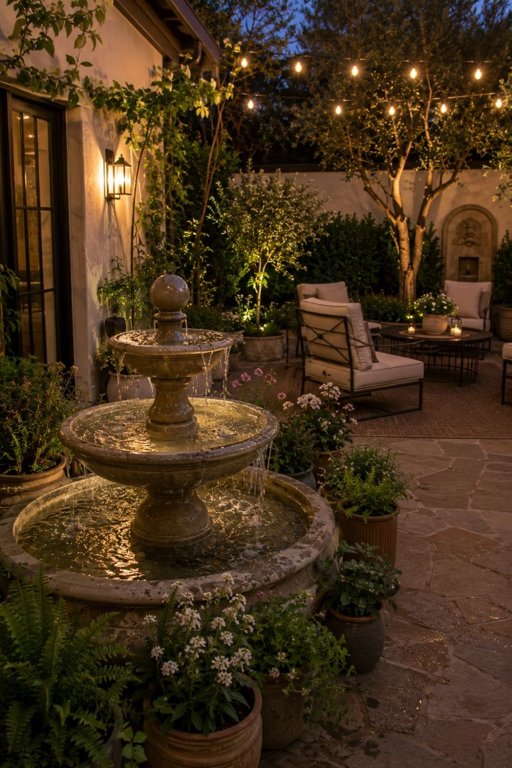 Decorative water fountain on patio creating soothing focal point