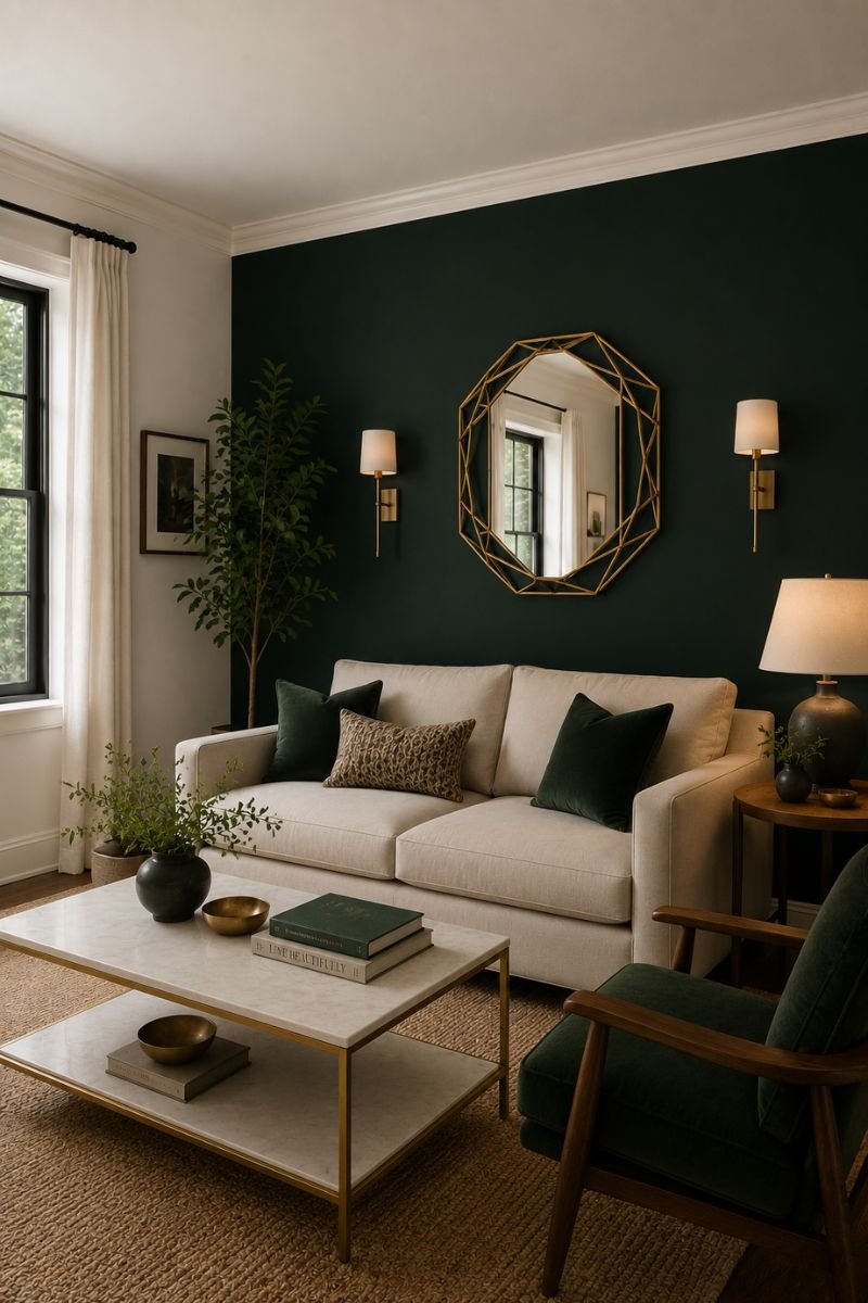 Deep navy accent wall behind a sofa in a Neo Deco living room with gold mirror