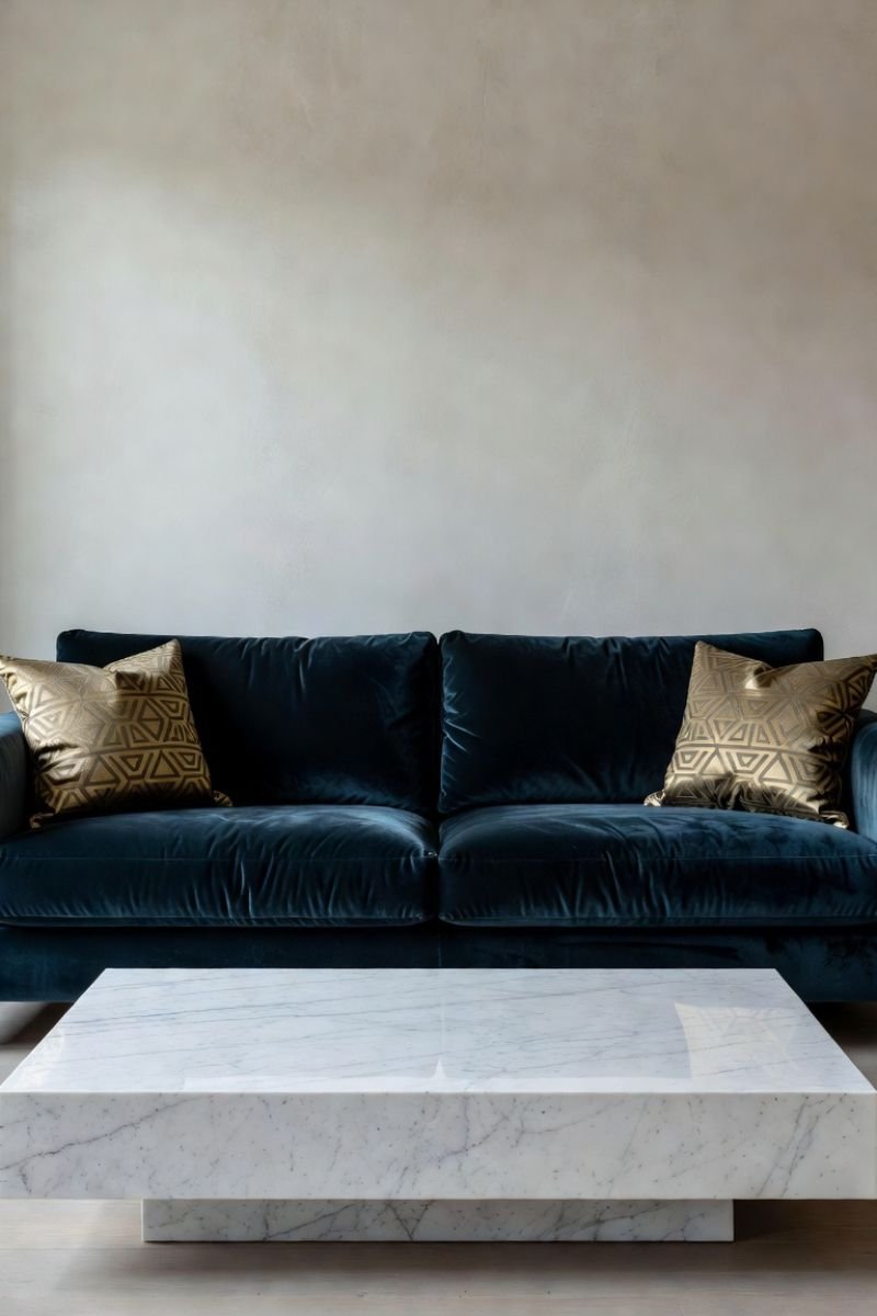 Deep navy velvet sofa with brass pillows and marble coffee table in a Neo Deco living room