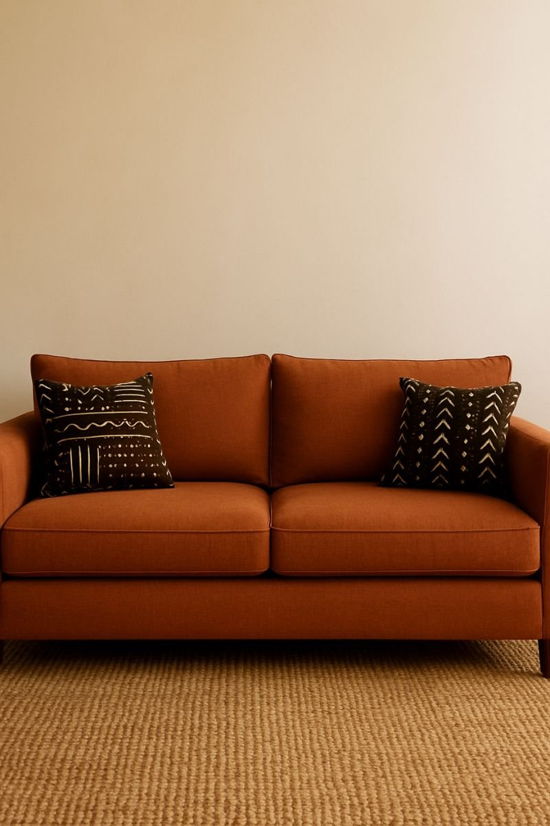 Deep rust terracotta sofa with mudcloth pillows on a jute rug in an African boho living room