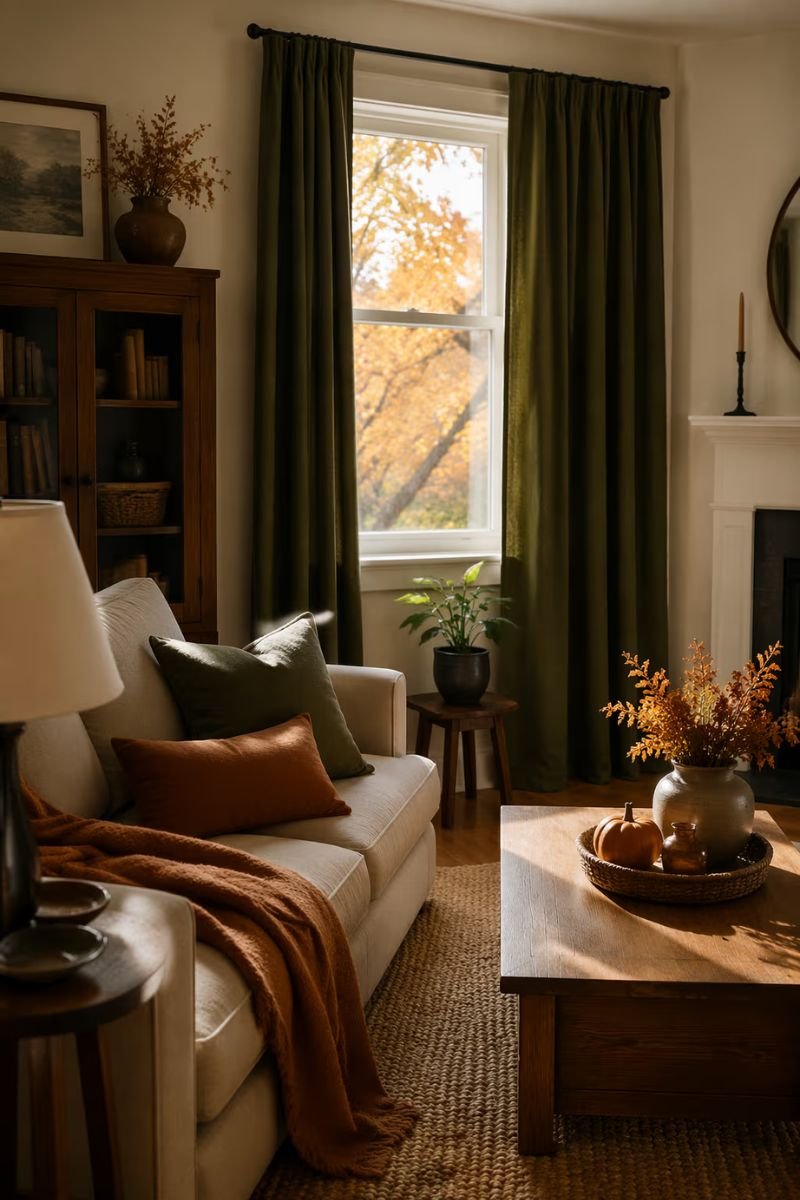 Deep terracotta curtains hanging in a cozy fall living room