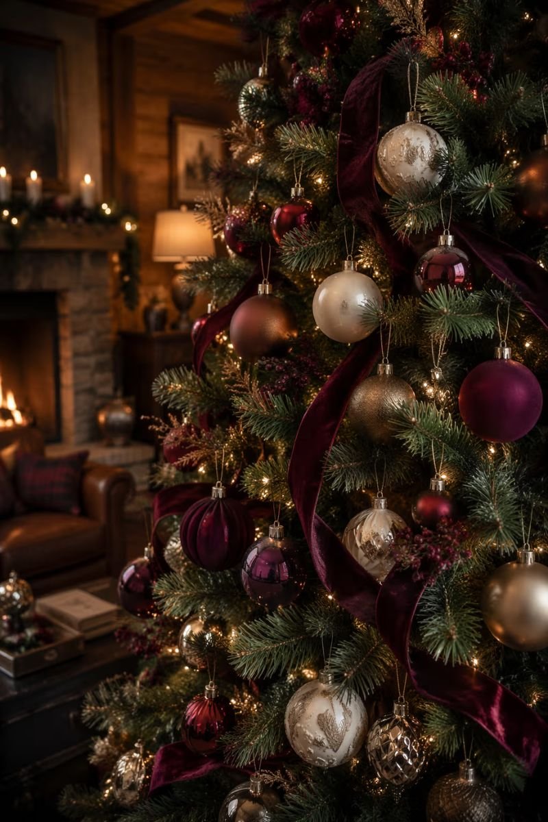 Deep wine and mulberry red Christmas tree with dark greenery brass accents and cream ornaments