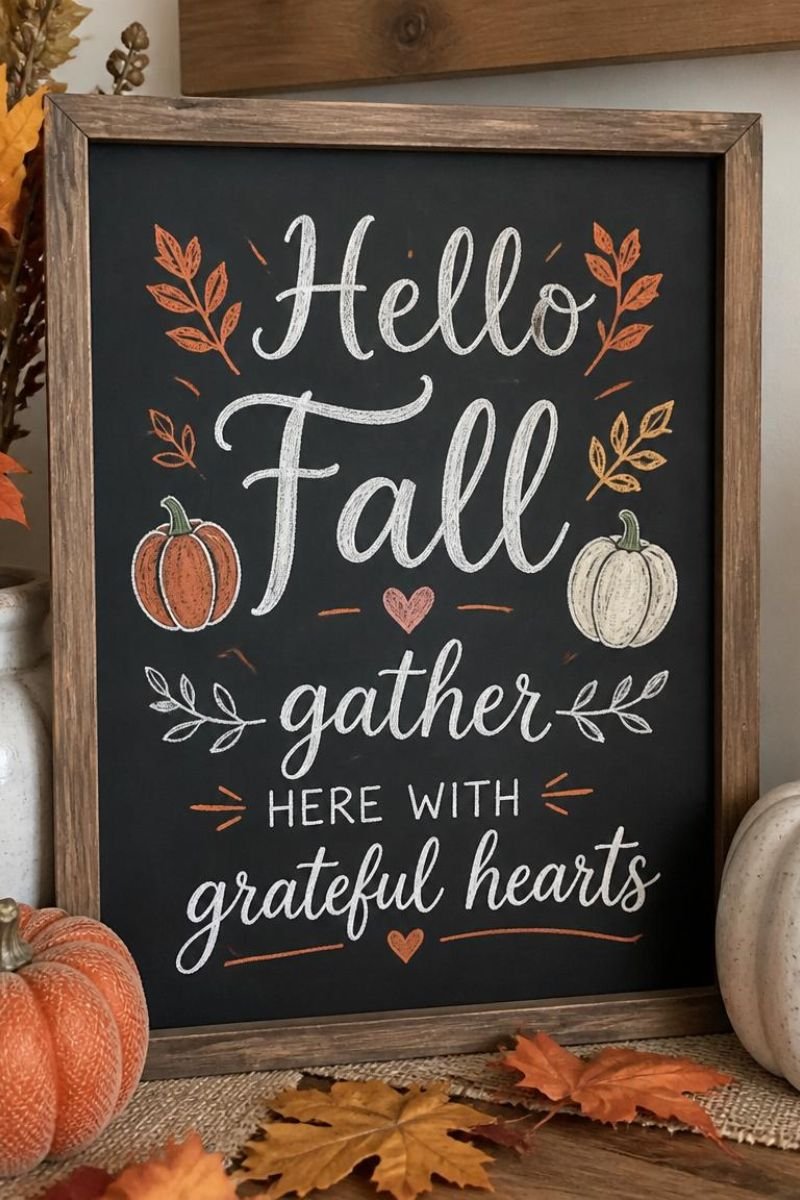 Dollar Tree chalkboard sign fall quote Hello Fall gather autumn wall decor