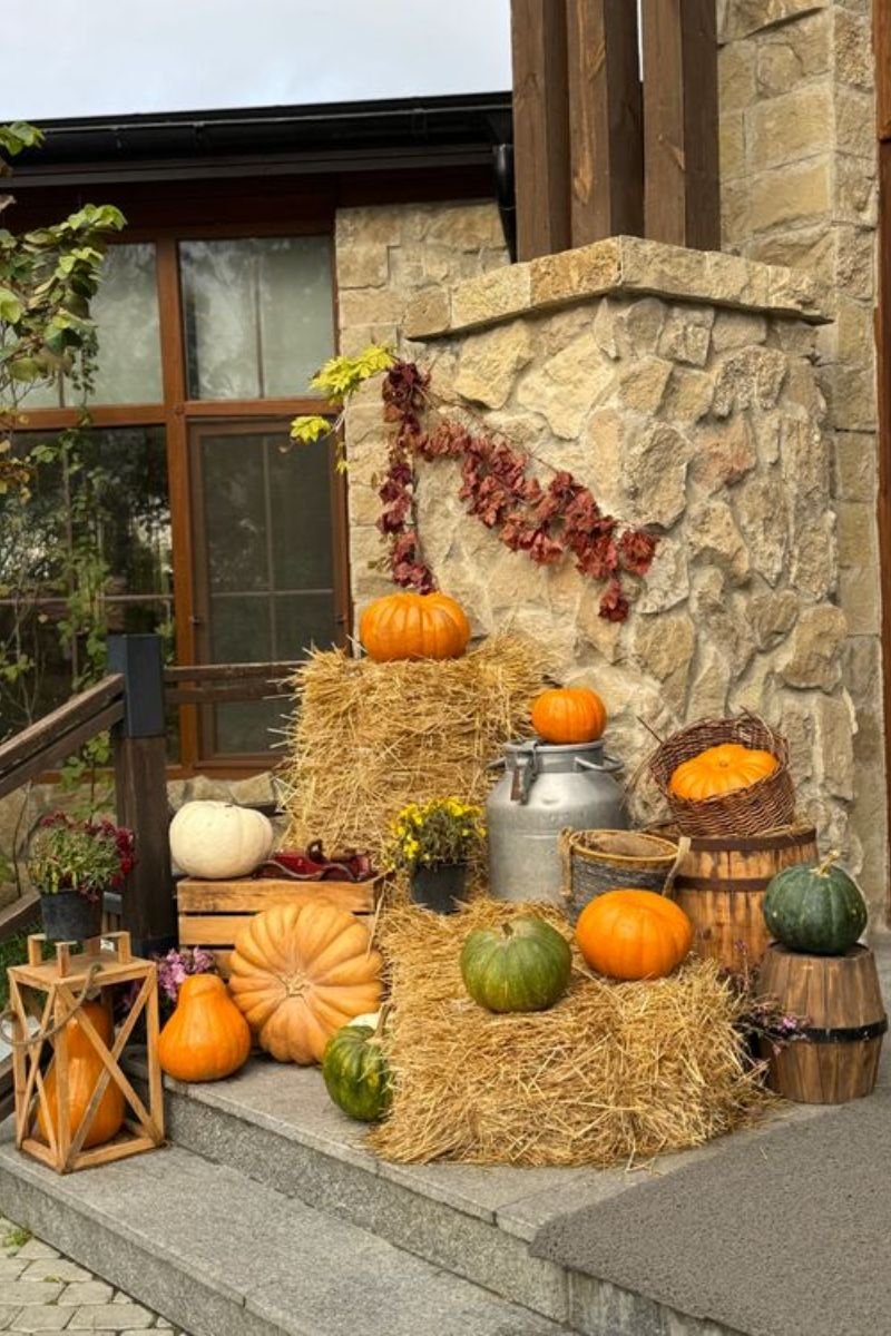 Dollar Tree hay bale pumpkin stack fall front porch display wheat stalks