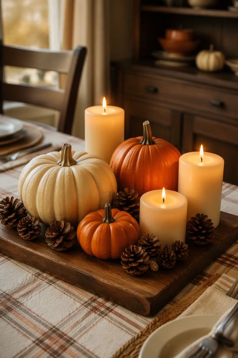 Dollar store pumpkin candle budget Thanksgiving centerpiece cutting board pinecones