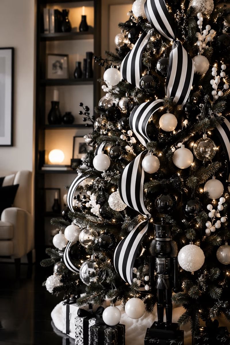 Dramatic black and white Christmas tree with graphic stripe ribbon and monochrome ornaments