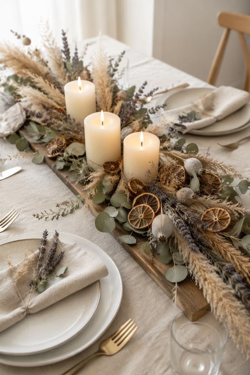 Dried botanical minimalist Thanksgiving table eucalyptus pampas lavender orange slices candles