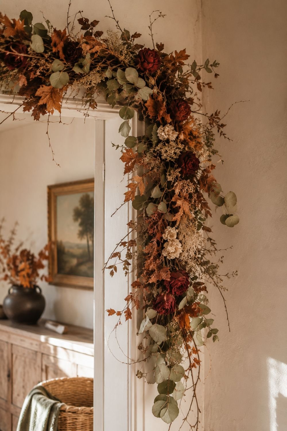 Dried flower garland draped across doorway in cottagecore style