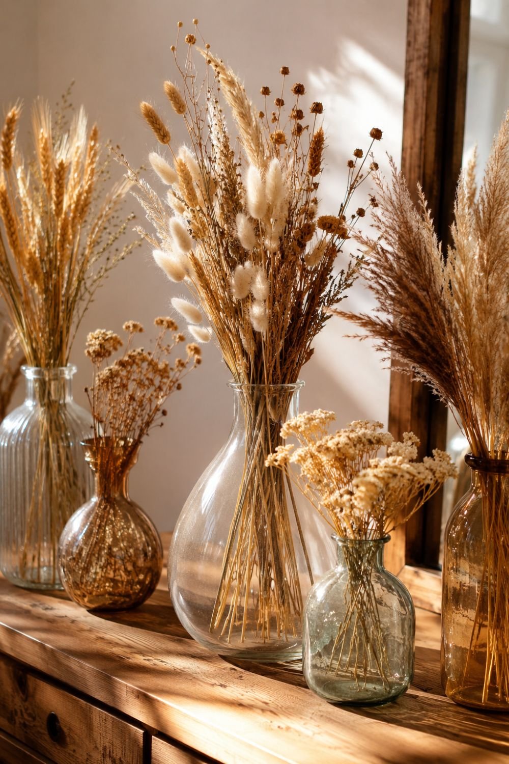 Dried flowers and pampas grass in glass vases creating cottagecore arrangement