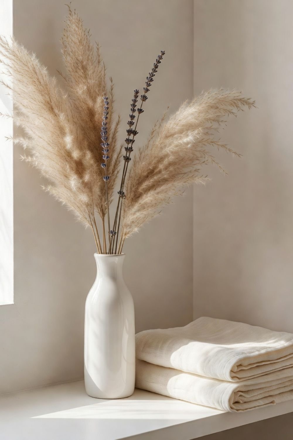 Dried pampas grass in a simple white vase on a bathroom shelf beside folded linen towels