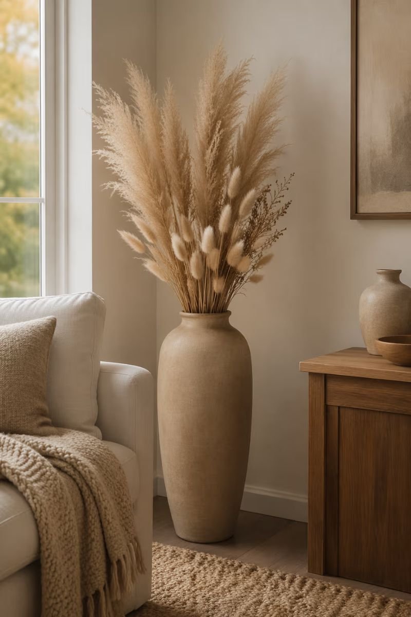 Dried pampas grass in a tall vase as fall living room decor