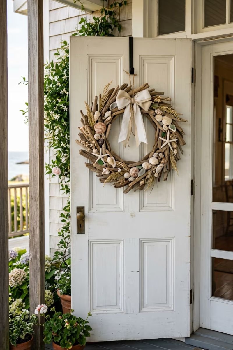 Driftwood and seashell coastal wreath on a summer porch door