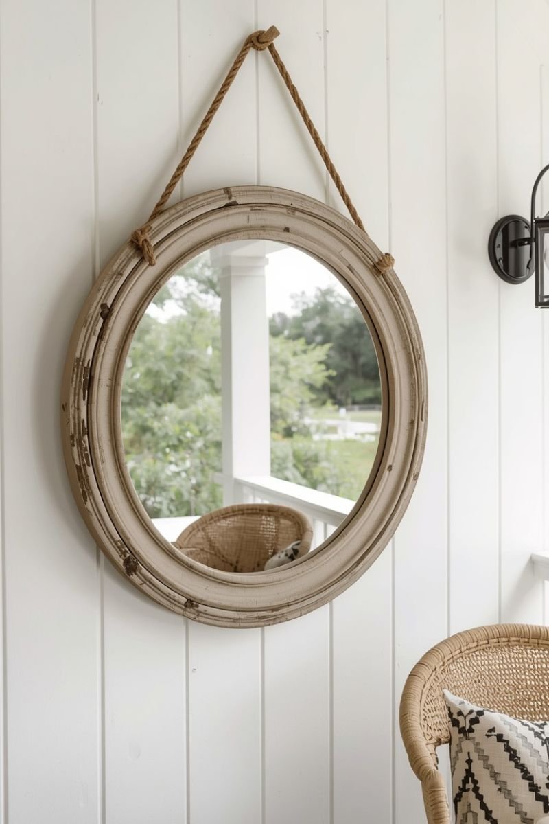 Driftwood framed mirror on a coastal white porch wall
