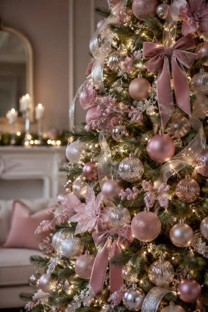 Dusty rose and silver Christmas tree with blush ornaments velvet ribbon and soft white lights