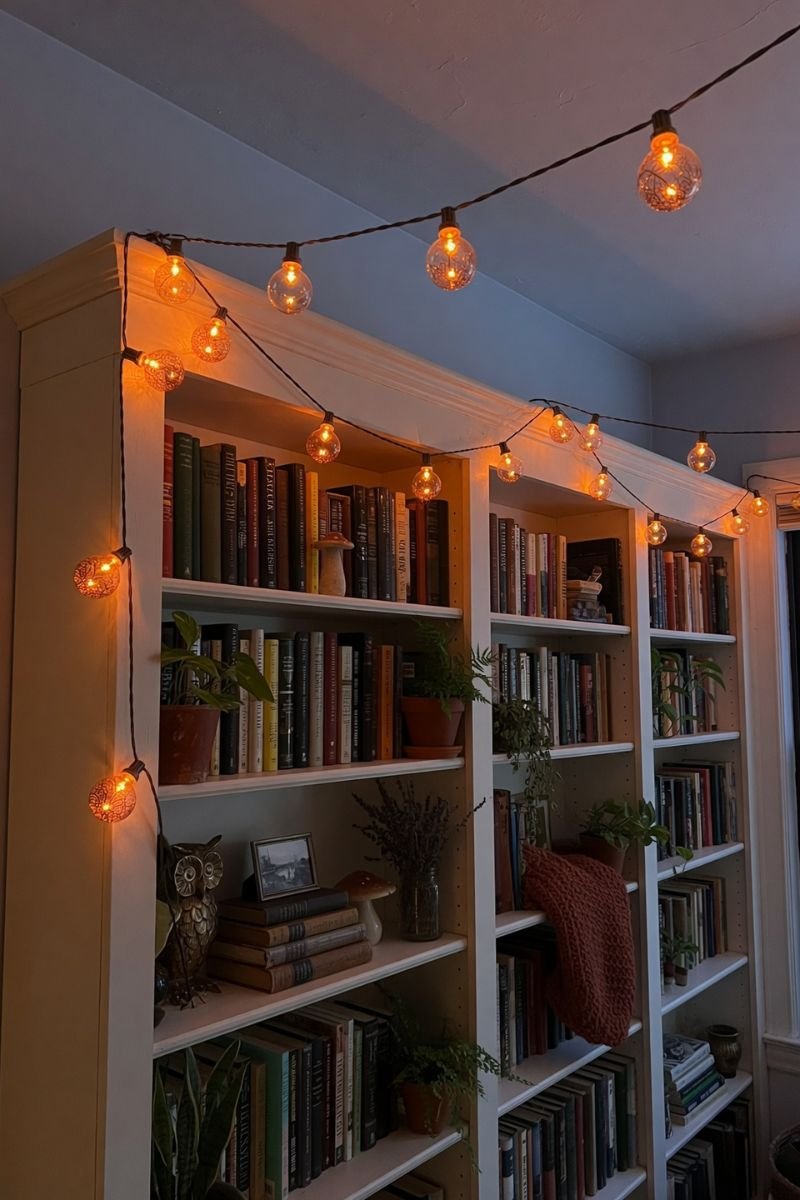 Edison bulb string lights draped across a bookshelf in a cozy room