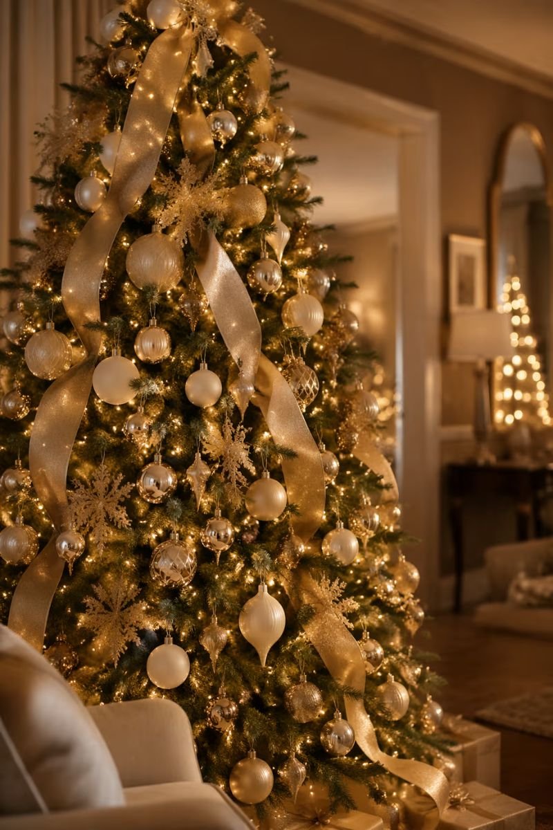 Elegant Christmas tree with layered gold and cream ornaments cascading gold ribbon and warm white lights