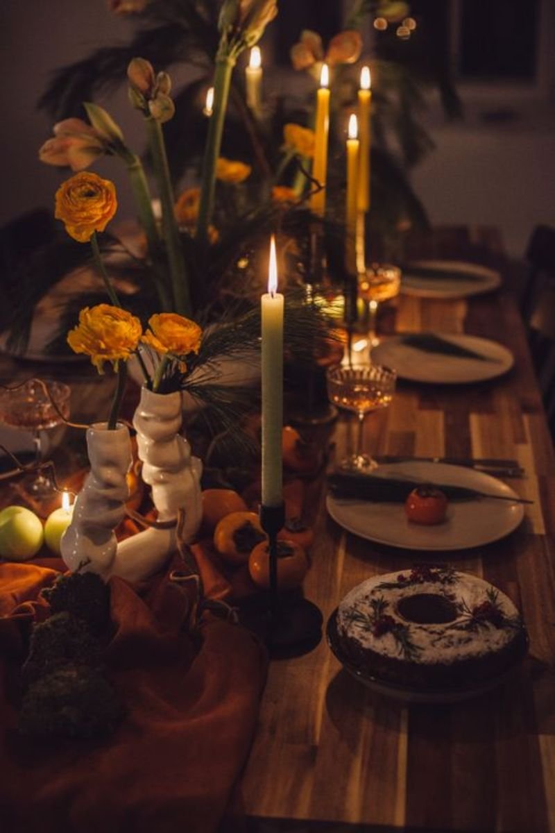 Elegant Halloween table candlelight only taper pillar tea lights dark atmospheric