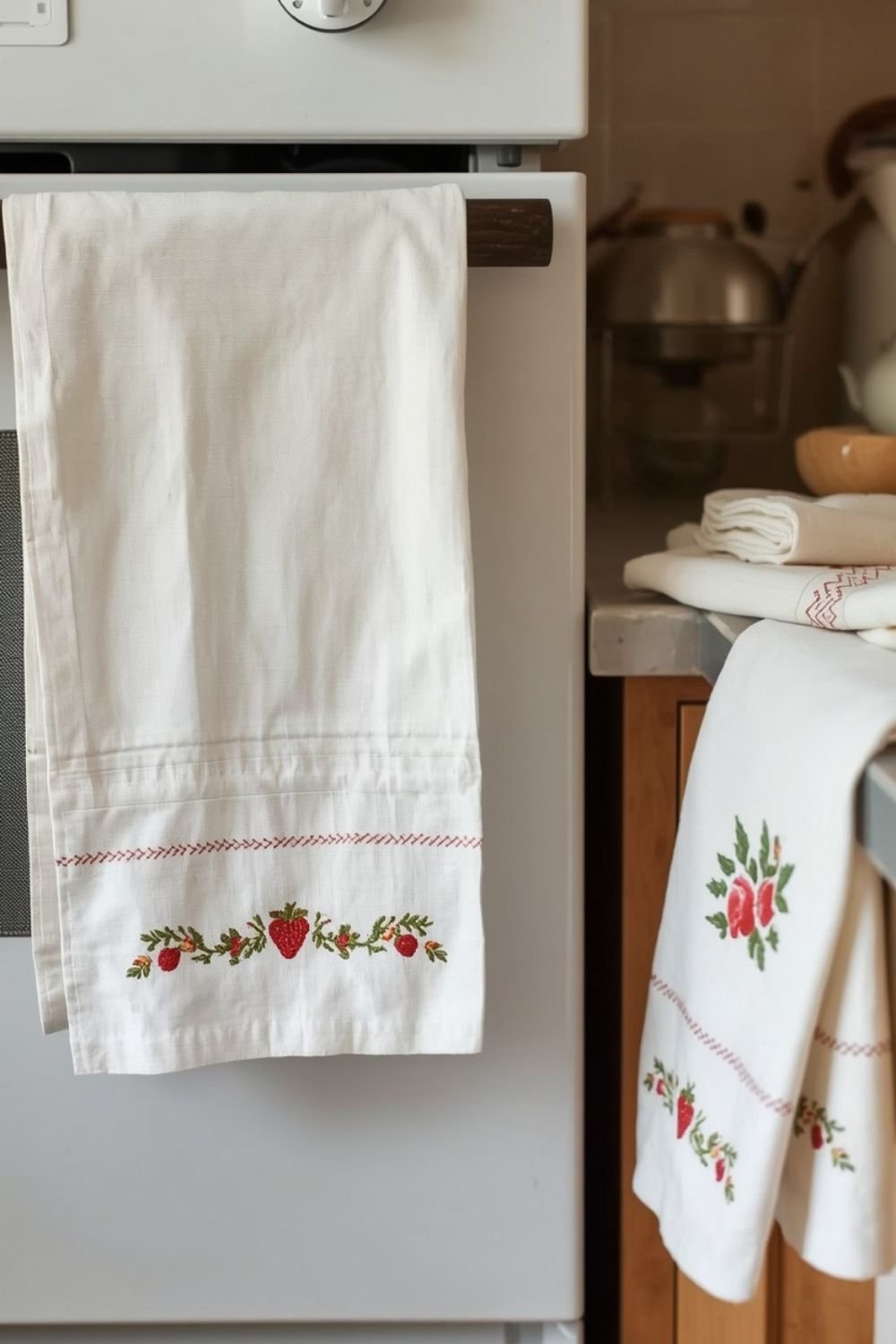 Embroidered cross stitch tea towel hanging over an oven handle in a Grandma Core kitchen
