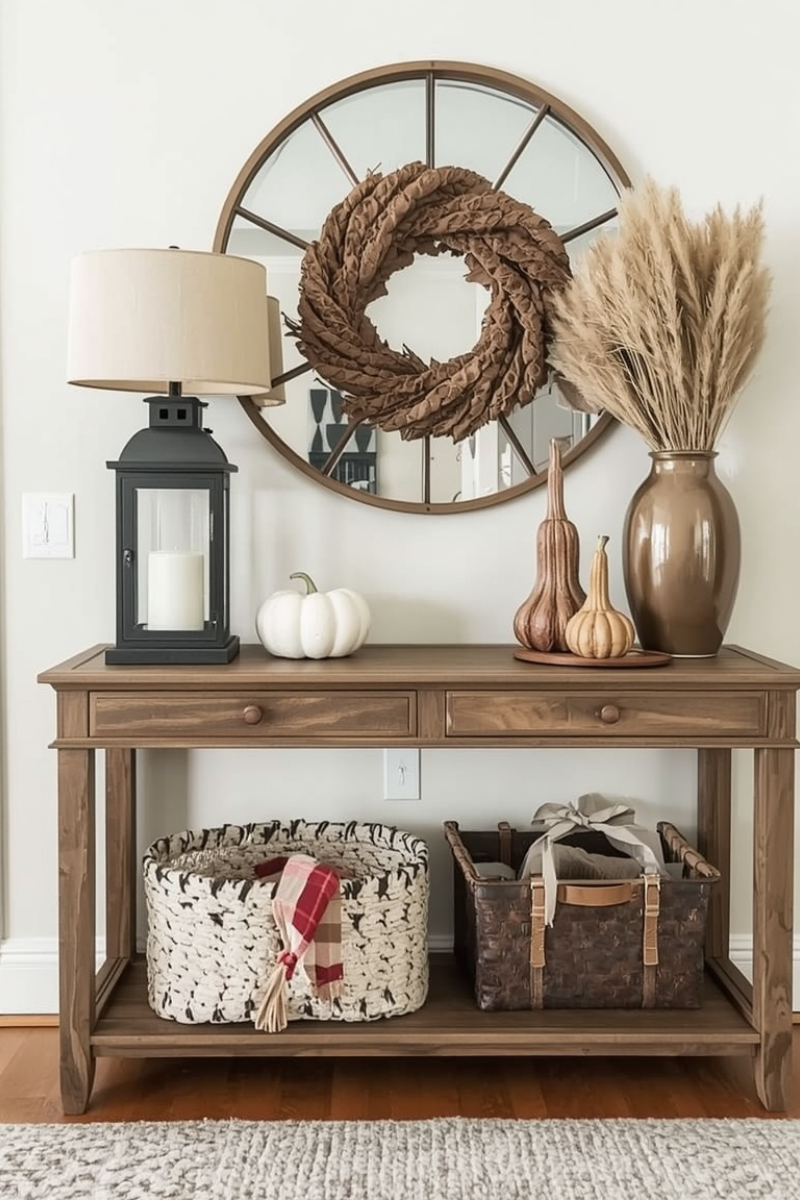 Entryway console table fall decor lantern gourds framed print candle
