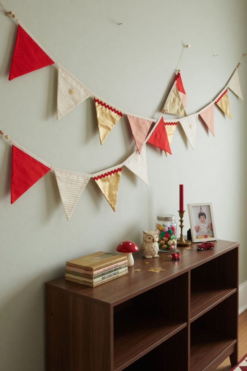 Fabric pennant banners in red gold and cream hung above a bookshelf