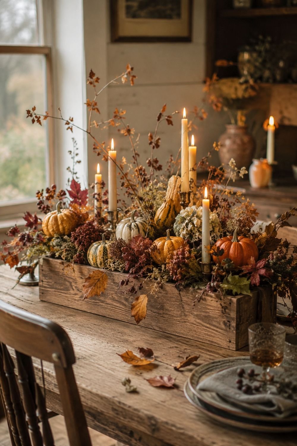 Fall centerpiece with branches candles and gourds in cottagecore style
