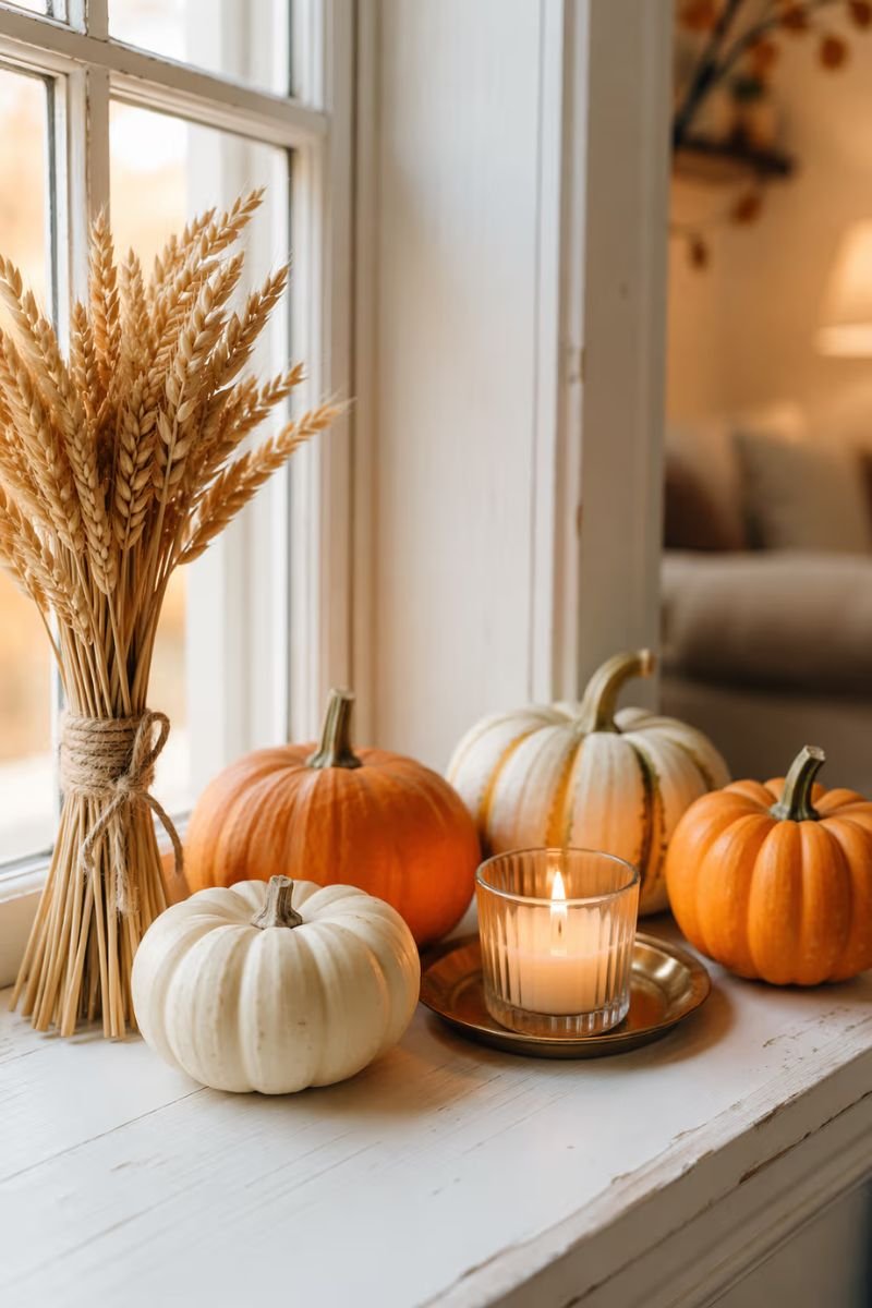 Fall decorated windowsill with pumpkins dried wheat and candle