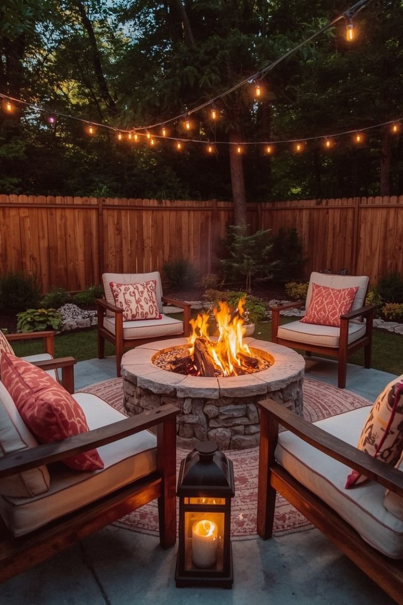 Fall fire pit seating outdoor cushions lanterns firewood autumn evening