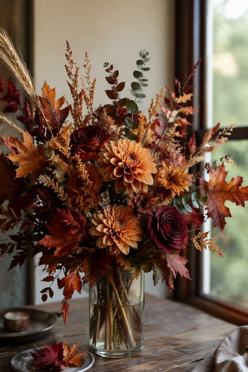 Fall floral arrangement with burgundy and rust dried flowers in a living room vase