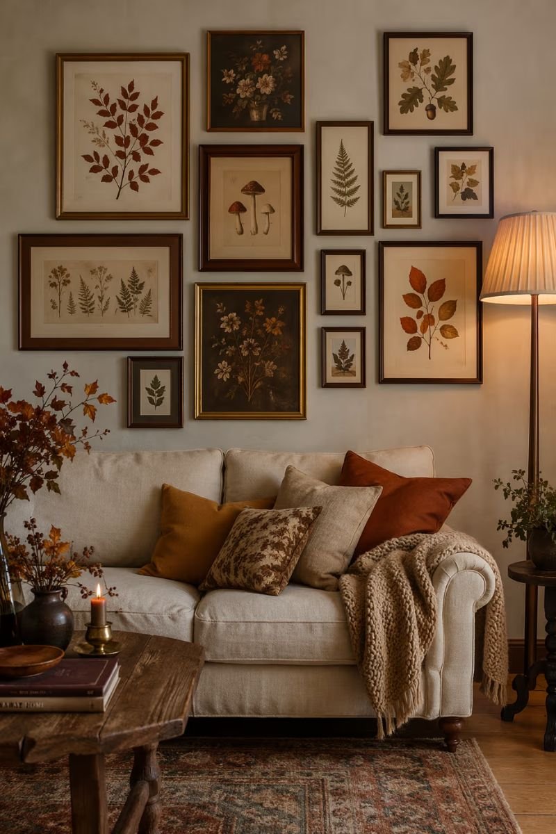 Fall gallery wall with botanical leaf prints and warm toned art in a living room