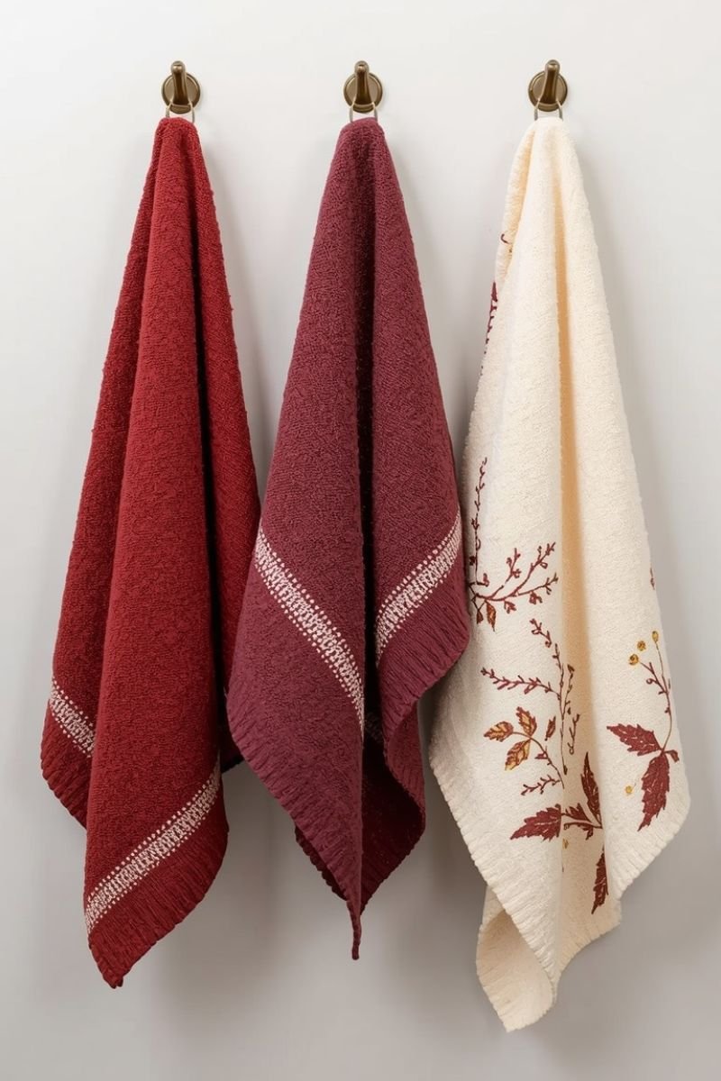 Fall hand towels rust plum ivory bathroom seasonal swap autumn