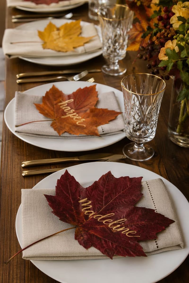 Fall leaf place cards gold writing guest names Thanksgiving place setting