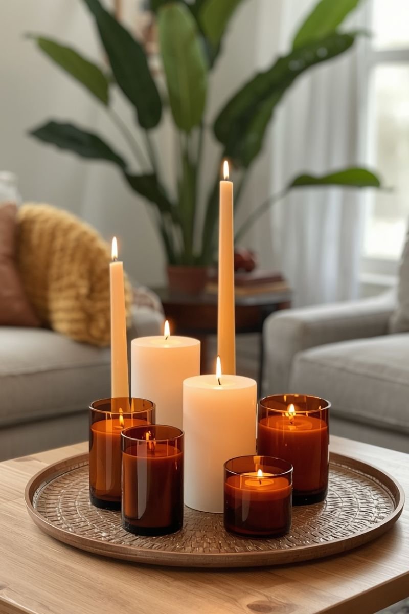 Fall pillar candles grouped amber glass taper candles living room warm light