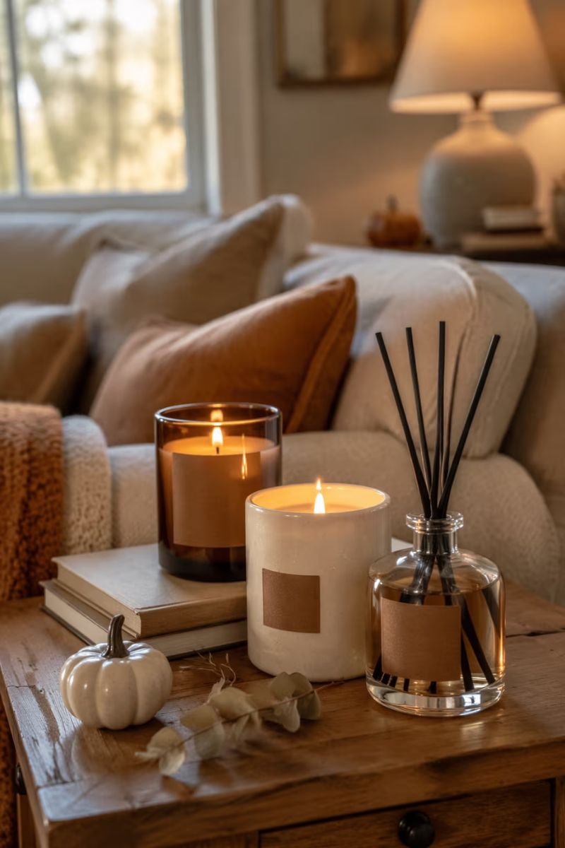 Fall scented candles and reed diffuser styled on a living room side table