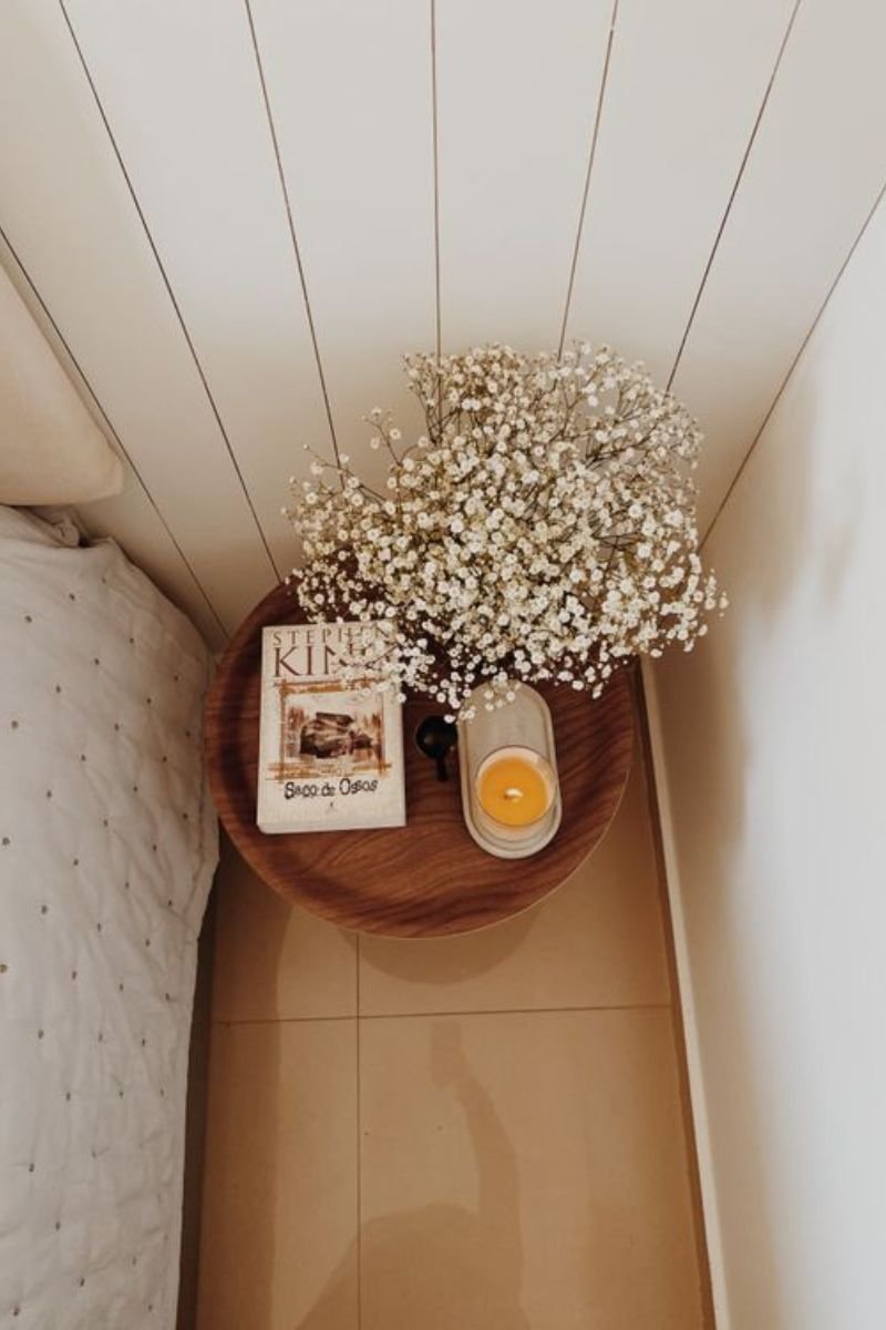 Fall styled nightstand candle dried stems book bedside table autumn decor