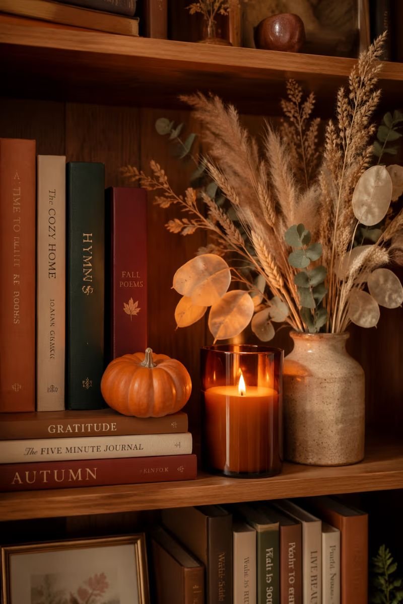 Fall vignette on a living room bookshelf with pumpkin candle and dried flowers