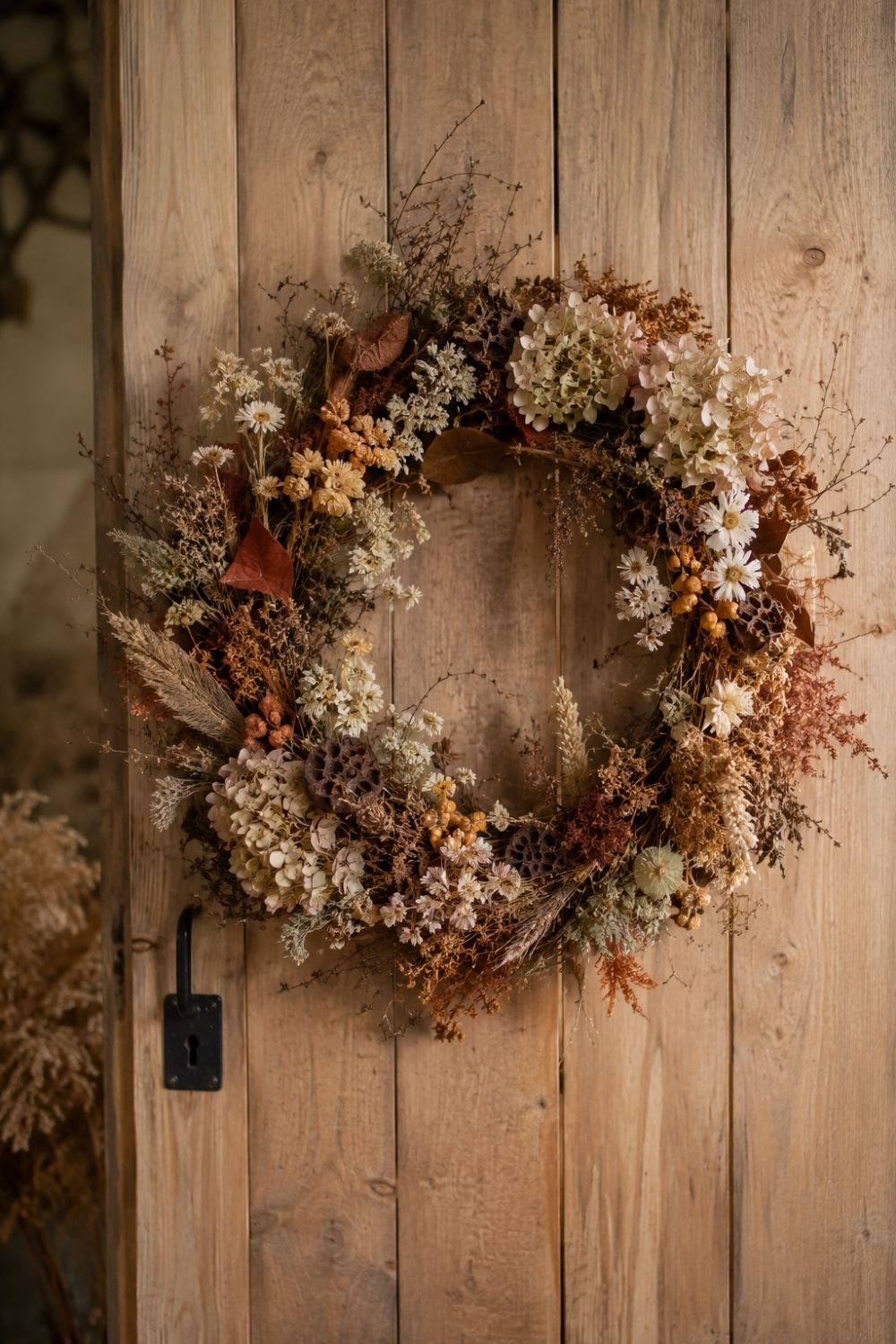 Fall wreath with dried flowers and branches on cottage door