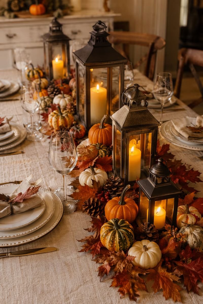 Farmhouse Thanksgiving table lanterns pumpkins gourds pinecones linen candles