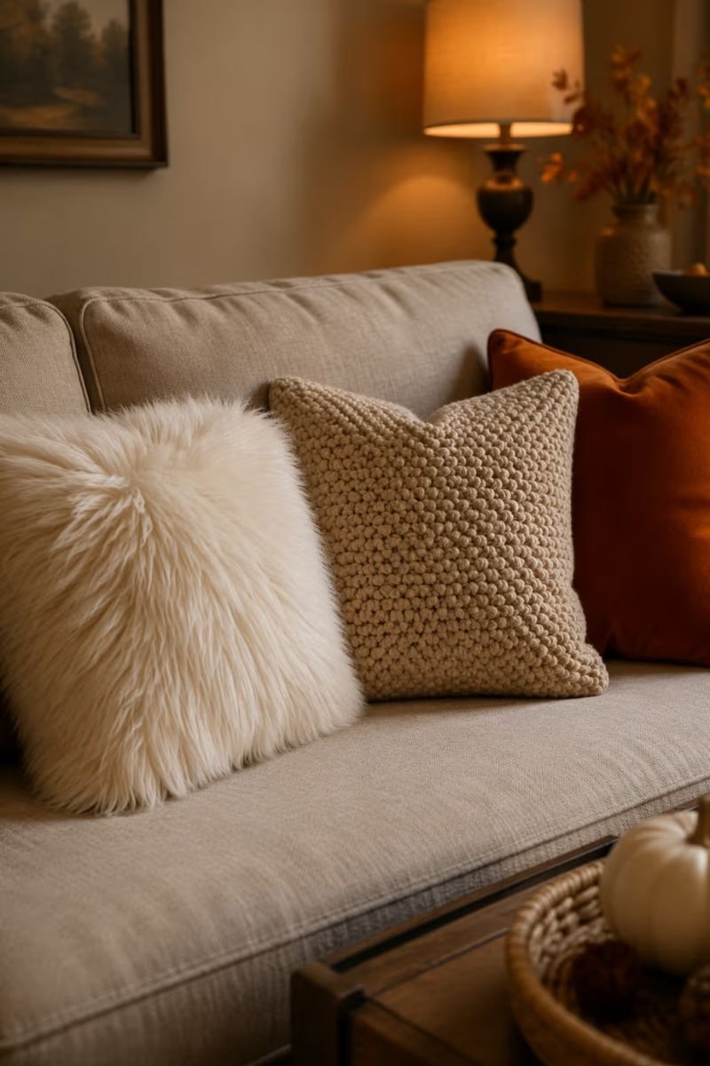 Faux fur and knit throw pillows on a cozy fall living room sofa