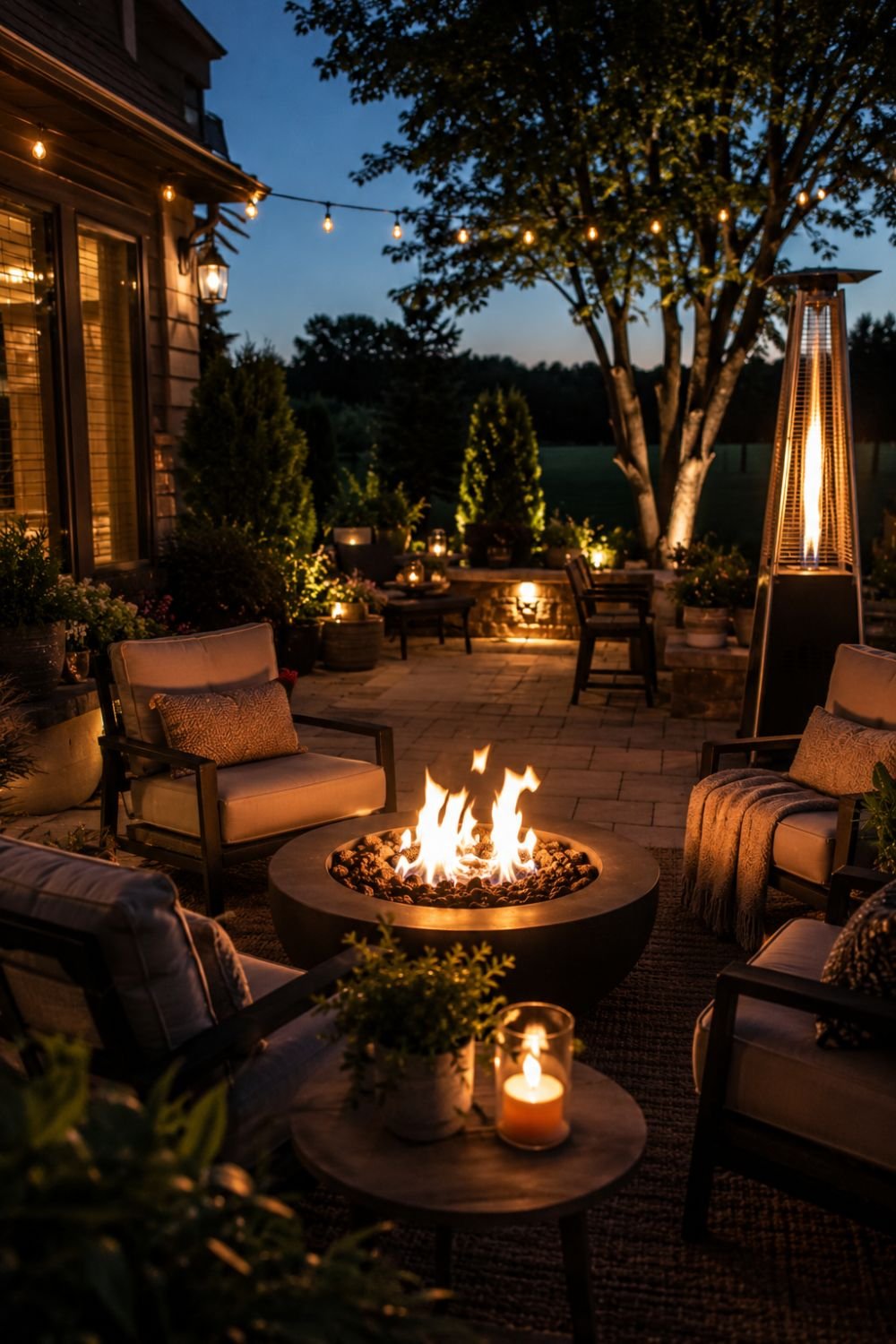 Fire pit with comfortable seating arranged around it creating gathering point on patio