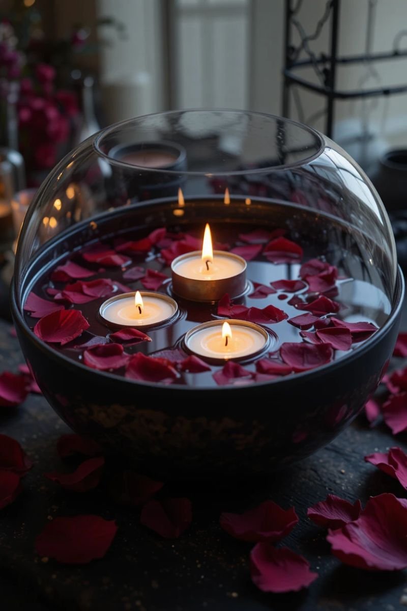 Floating candle bowl dark rose petals water black ceramic elegant Halloween centerpiece