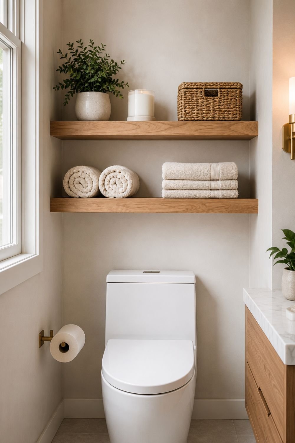 Floating wooden shelves above toilet with rolled towels plant and candle