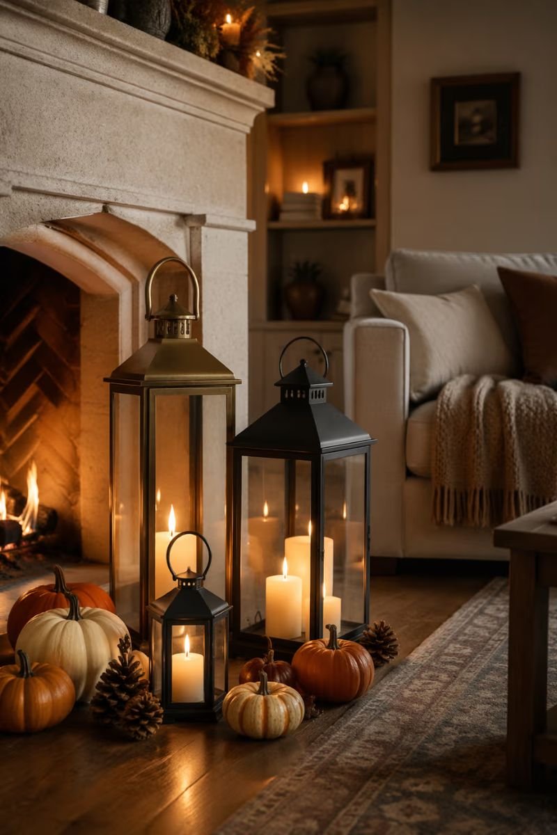 Floor lanterns with candles and small pumpkins near a fall living room fireplace