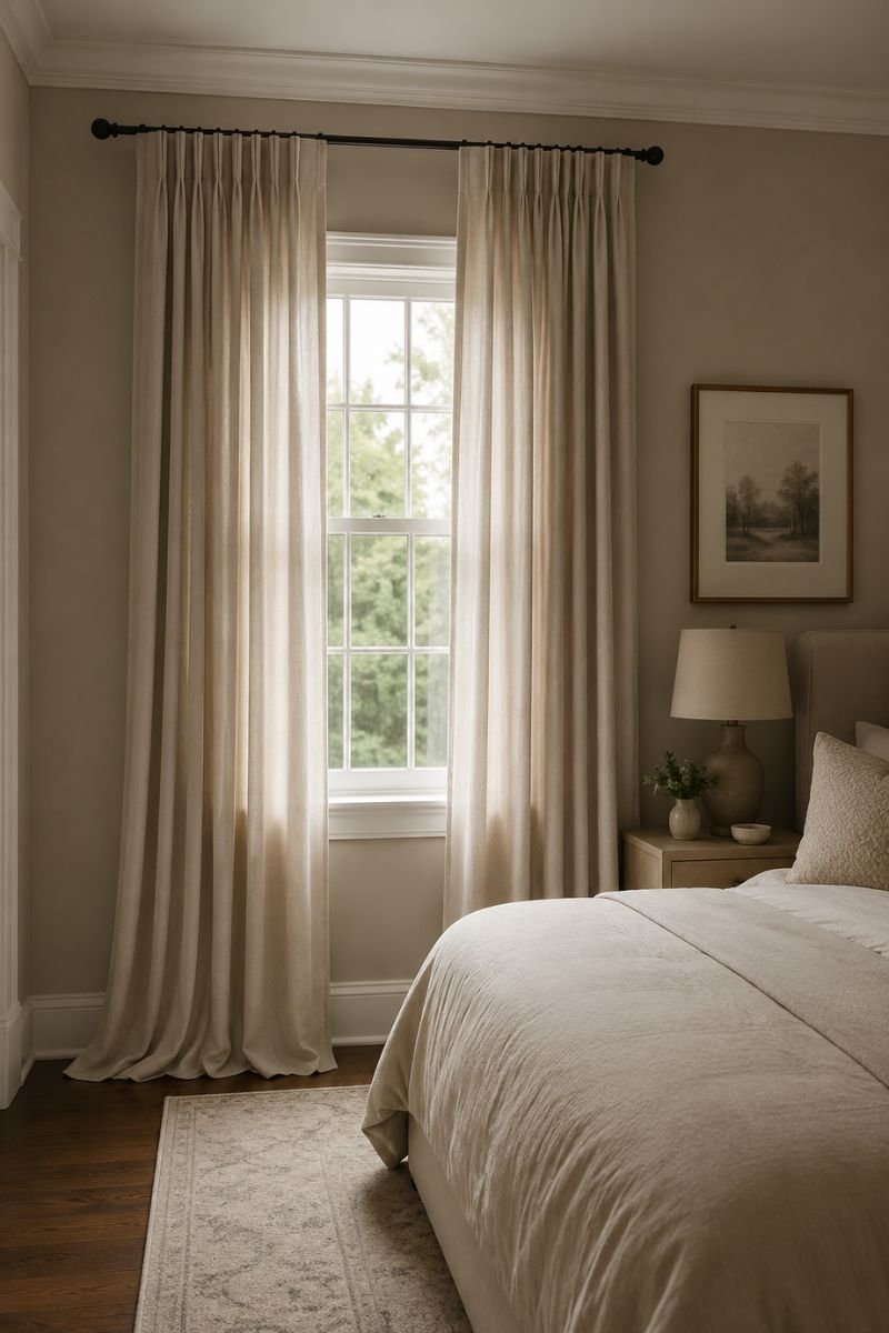 Floor length curtains in a cozy neutral luxury hotel style bedroom