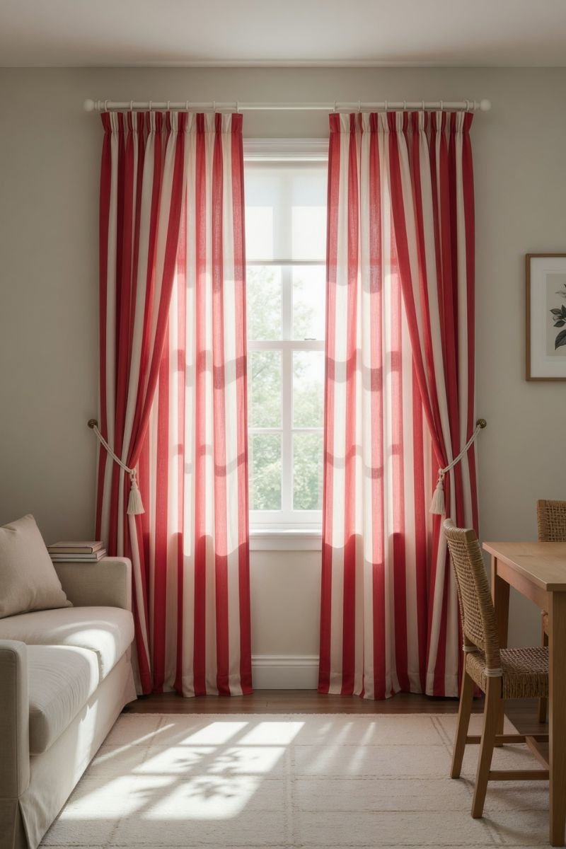 Floor length red and white striped curtains on a bright living room window