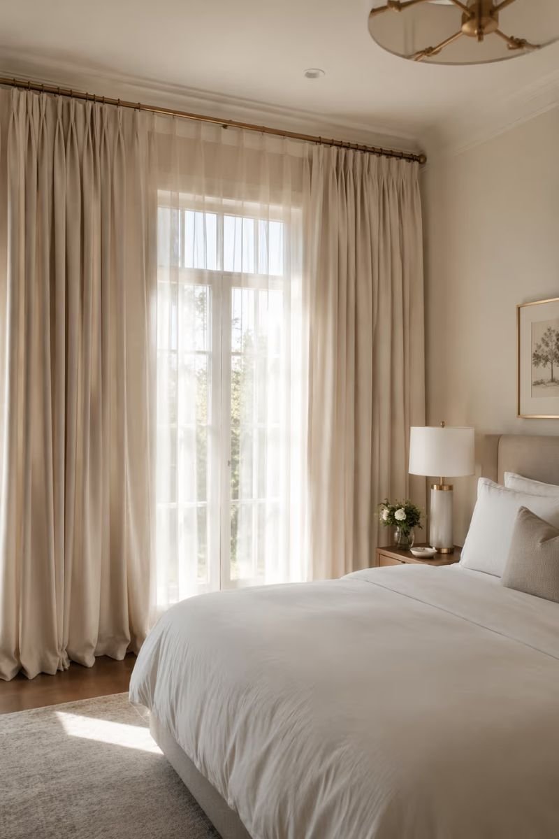 Floor to ceiling curtains mounted high in a cozy luxury hotel style bedroom