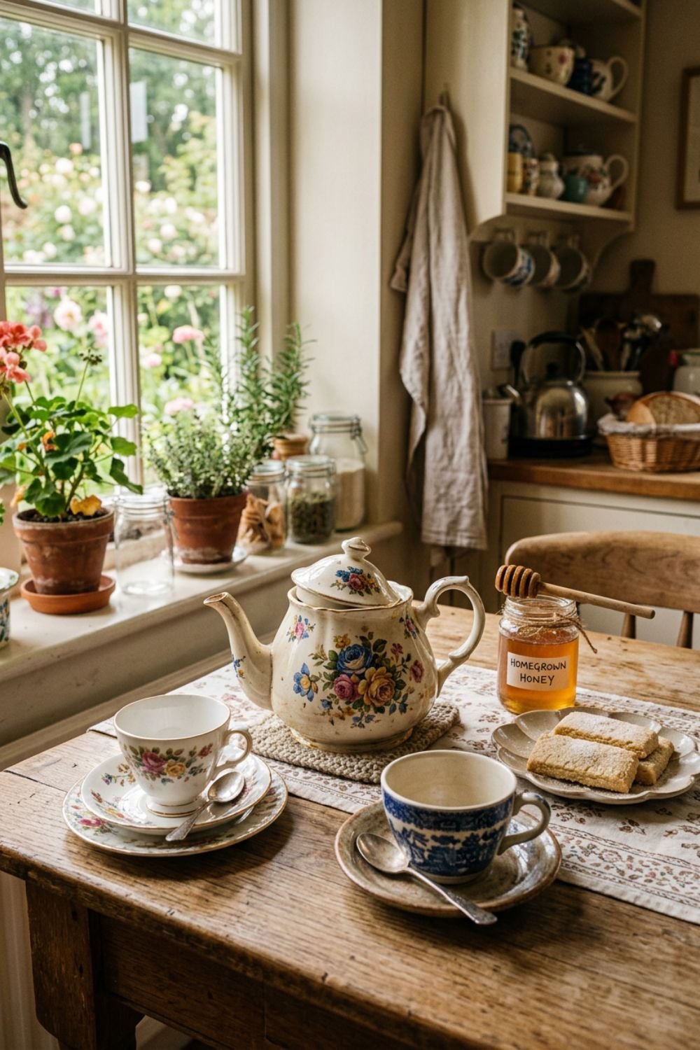 Floral ceramic teapot with mismatched teacups honey jar and shortbread on a kitchen table