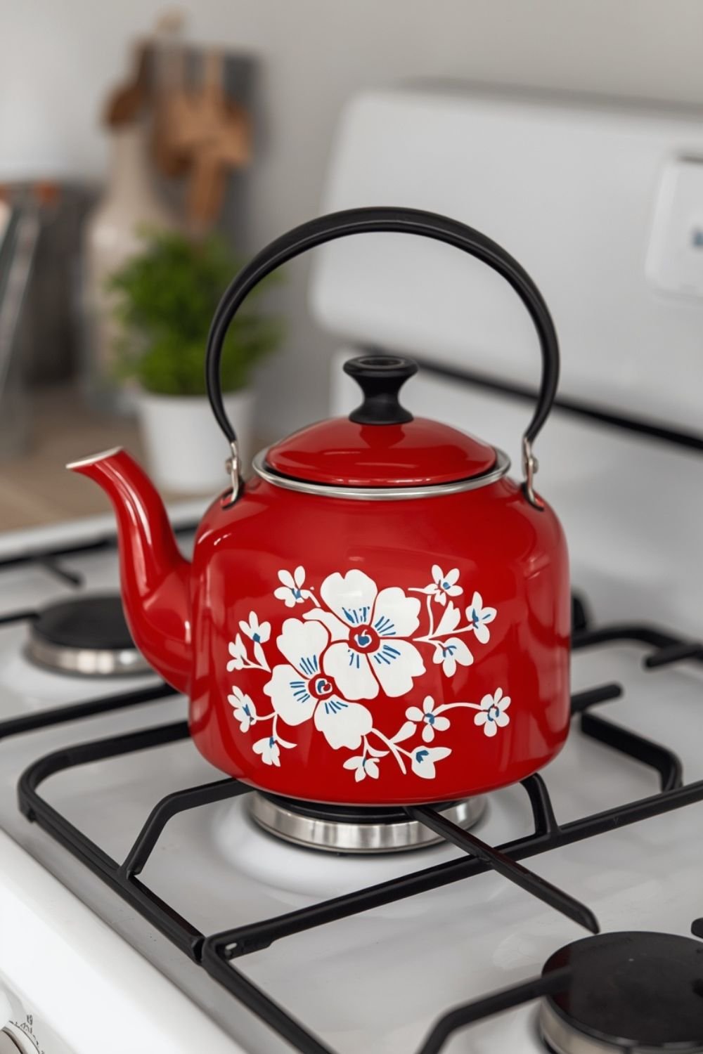 Floral enamel kettle on a kitchen stovetop with herb pot in background