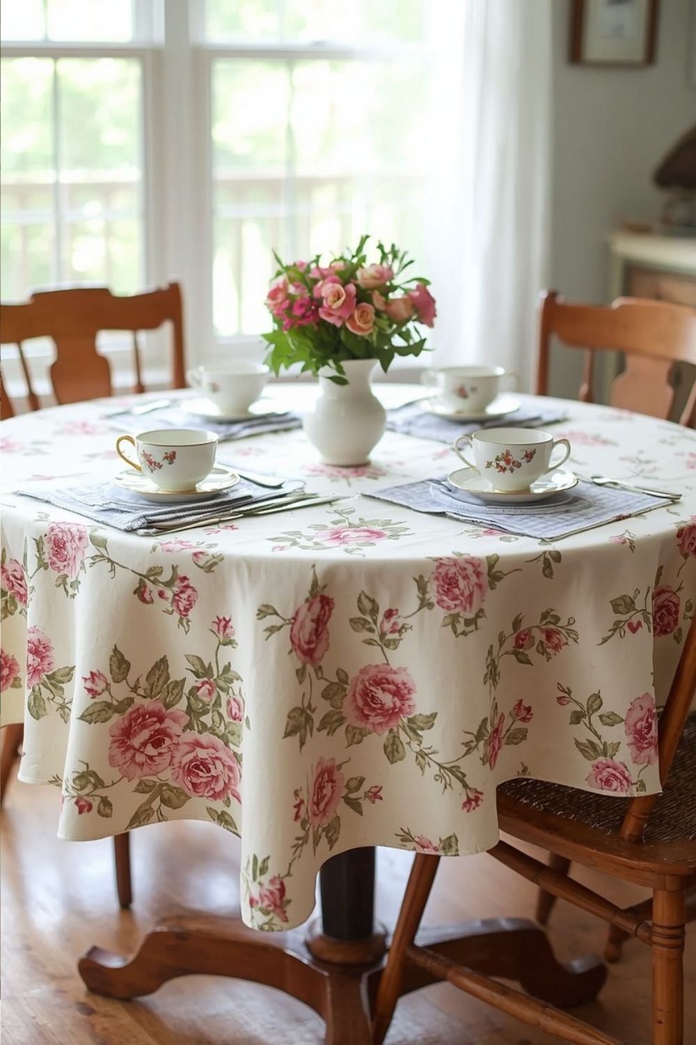 Floral tablecloth on a round kitchen table with mismatched teacups and garden flowers
