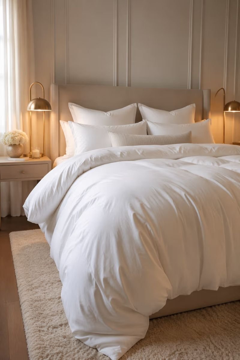 Fluffy hotel style white duvet on a cozy luxury bedroom bed